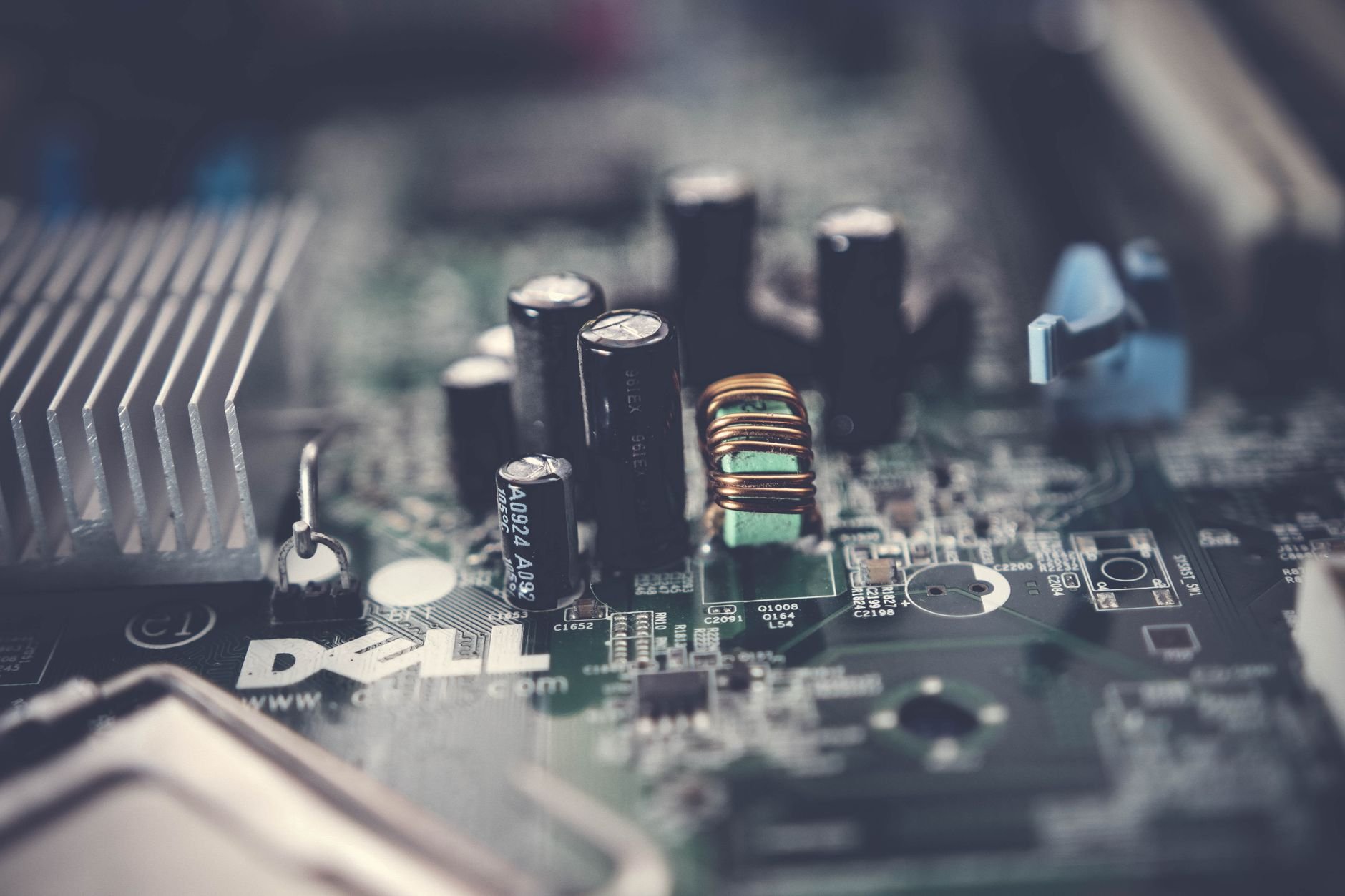 Detailed close-up of a motherboard showcasing electronic components and circuits